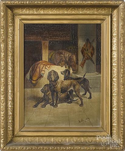 Oil on canvas interior scene, ca. 1900, of four hunting dogs and a horse, signed A. Snyder