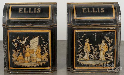 Pair of painted Ellis tea bins, ca. 1900, 22'' h., 17 1/2'' w.