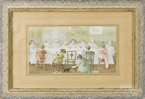 Chromolithograph, titled Miss Muffet's Christmas Party, 8'' x 15''.