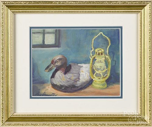 Lois Showalter (American, b. 1958), watercolor, titled Duck Decoy and Yellow Lantern, signed
