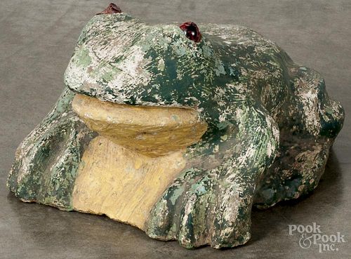 Pfaltzgraff, York, Pennsylvania cement frog figure, ca. 1940, with red marble eyes, 12 1/2'' l.