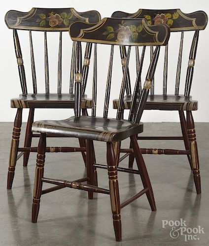 Set of six Pennsylvania painted plank seat dining chairs, late 19th c.