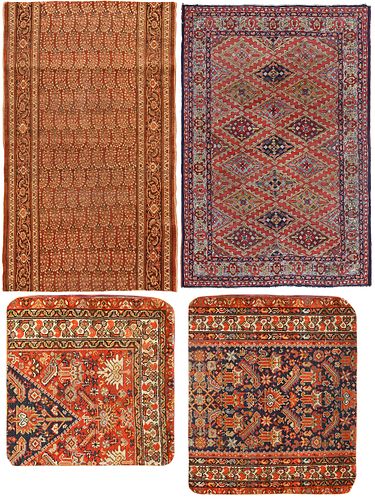 TWO ANTIQUE PERSIAN MALAYER RUGS, ANTIQUE PERSIAN TABRIZ RUG + VINTAGE GERMAN MACHINE MADE RUG. 4 ft 9 in x 2 ft 8 in (1.45 m x 0.82 m) + 9 ft 8 in x 