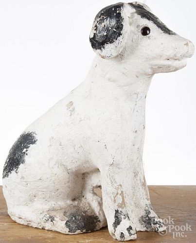 Pfaltzgraff, York, Pennsylvania cement dog figure, ca. 1940, with red marble eyes, 13'' h.