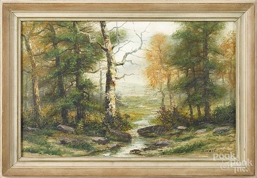 Pennsylvania oil on canvas landscape, signed S. West 1907, 11'' x 17''.