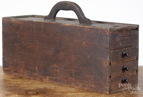 Unusual pine slide lid candle box, 19th c., with three drawers, 9'' h., 16 1/4'' w.
