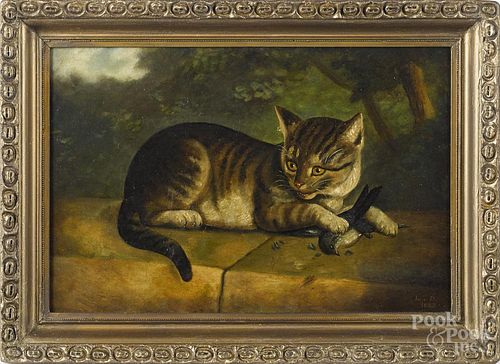 American oil on canvas of a cat and bird, signed L.D. 1883, 12'' x 18''.