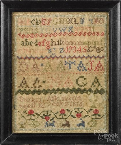 Silk on linen sampler, dated 1816, wrought by Sarah Atkinson, 12 1/4'' x 9 3/4''.