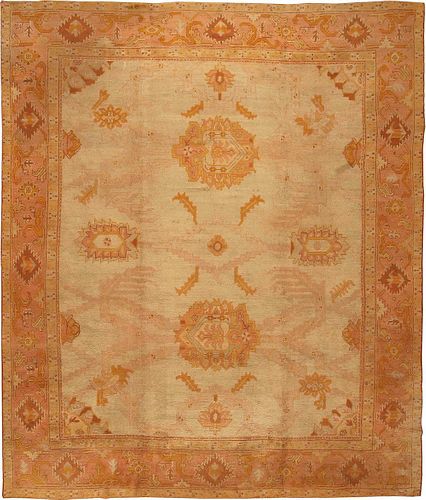 OVERSCALE ANTIQUE PALE TURKISH OUSHAK CARPET. 14 ft 5 in x 12 ft 3 in (4.39 m x 3.73 m).