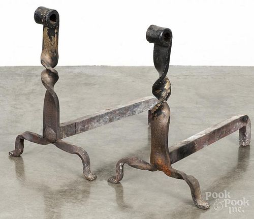 Pair of wrought iron andirons, 19th c., 16 1/2'' h.