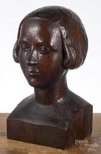 Carved oak bust of a young woman, mid 20th c., 13 1/2'' h.