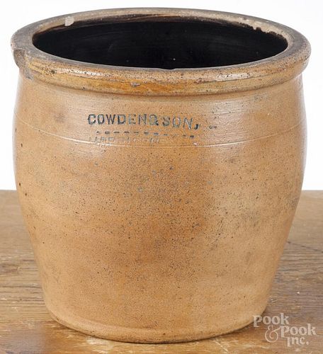 Pennsylvania stoneware handled crock, 19th c., impressed Cowden & Son Harrisburg, 7 3/4'' h.