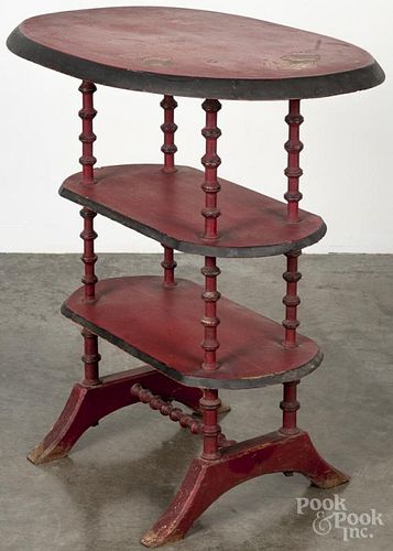 Painted pine spool table, 19th c., retaining an old red and black surface, 29'' h., 28'' w.