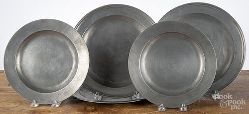 Three Townsend and Compton pewter plates, together with a pair stamped Green, 10 3/4'' dia.