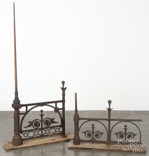 Pair of wrought iron rails from a widow's peak, 19th c., 27'' h., 30'' w.