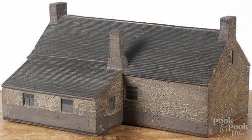 English painted pine house model, 19th c., with a hinged roof, 8 1/2'' h., 16 1/2'' w., 11 1/2'' d.