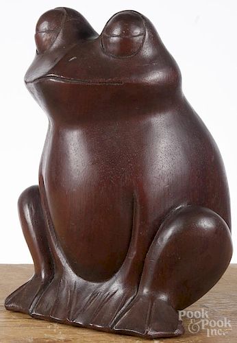 Carved walnut frog, 20th c., 12'' h.
