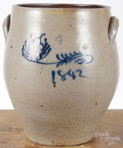 Four-gallon stoneware crock, dated 1842, with cobalt floral decoration, 13'' h.
