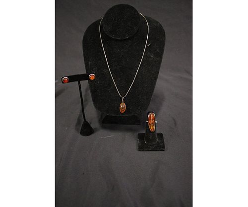 STERLING SILVER NATURAL AMBER 3PC JEWELRY SET