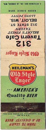 1950 Old Style Lager Beer 115mm long WI-HEIL-21 312 Tavern Café 312 State Street Beloit Wisconsin - Lloyd Petitt