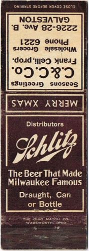1934 Schlitz Beer 113mm long WI-SCHLITZ-17 C&C Co. Grocers 2226-28 Avenue B Galveston Texas - Frank Celli