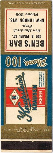 1937 Knapstein's Krausen Beer 113mm long WI-KNAP-3 Ben's Bar 301 South Pearl New London - Ben Handrich