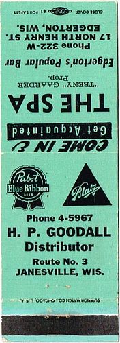 1959 Pabst Blue Ribbon Beer 115mm long WI-PAB-GOOD The Spa 17 N Henry Street Edgerton Wisconsin - Teeny Gaarder