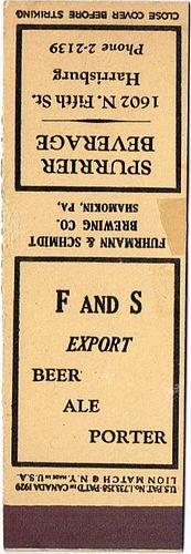 1934 F And S Export Beer (sample) 118mm long PA-FS-4 Spurrier Beverage 1602 N Fifth Street Harrisburg Pennsylvania