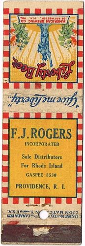 1933 Liberty Beer 116mm long NY-LIB-1 F.J. Rogers Inc. Sole distributors for Rhoide Island of Providence
