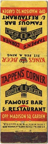1937 King's Beer 116mm long NY-KINGS-5 Tappen's Corner 50th & 8th Ave New York