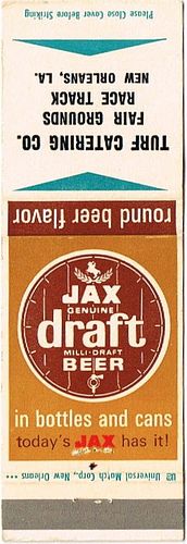 1964 Jax Draft Beer 113mm long LA-JAX-20 Turf Catering Co. Fair Grounds Race Track New Orleans