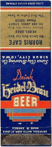 1938 Heidel Brau Beer 111mm long IA-SC-3 V2 Rorris Cafe at 4th & Jones Street Sioux City Iowa