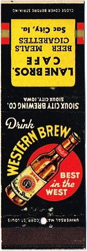 1942 Western Brew Beer 113mm long IA-SC-6 Lane Bros. Cafe, Sac City Iowa