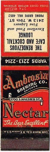 1937 Ambrosia/Nectar Premium Beer IL-AMB-1 The Rendezvous Cafe And Cocktail Lounge 2413 West 79th Street Chicago Illinois