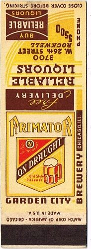 1940 Primator Beer (sample) IL-GC-5 Reliable Liquors at 3700 W. 26th Street Chicago IL.