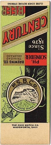 1933 Century Beer (Sample) 114mm long CO-SCH-1 The first of the Century matchcovers
