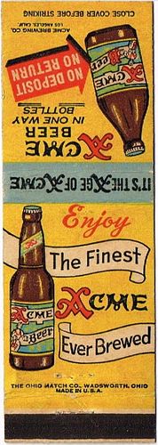 1939 Acme Beer 113mm long CA-ACME-6 Acme Beer In One Way Bottles