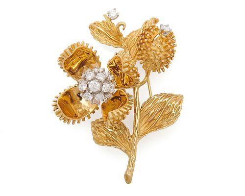 TIFFANY & CO. 18K Gold and Diamond Flower Brooch