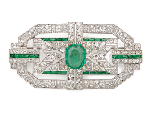 Platinum, Emerald, and Diamond Brooch