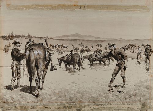 FREDERIC REMINGTON, (American, 1861-1909), Watering the Horses in a 'Dobe Hole, 1894-95
