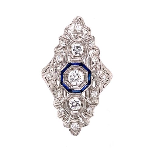 Art Deco Platinum Diamonds Sapphire Long Ring