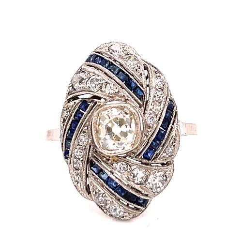Art Deco Platinum Diamond Sapphire Crossover Ring