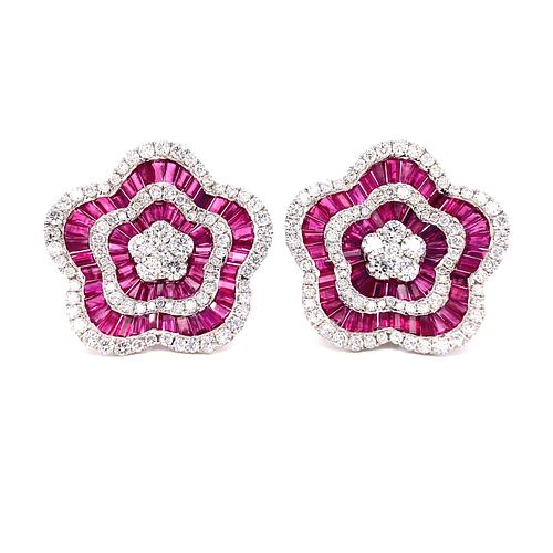 18k Diamond Ruby Flower Earrings