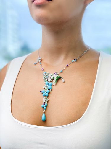 PALMIERO 18k TurquoiseÂ  Diamond Hummingbird Necklace