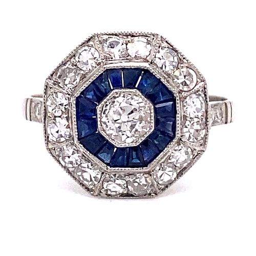 Platinum Diamond Sapphire Octagon Ring