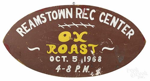 Painted sign for Reamstown Rec Center Ox Roast 1968, 24'' x 47''.