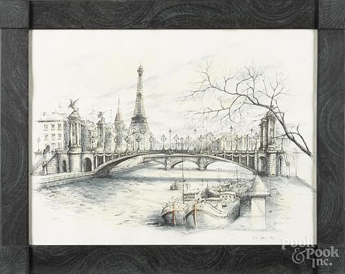 Ink and watercolor drawing of Paris, dated 1986, together with a canal scene and a watercolor