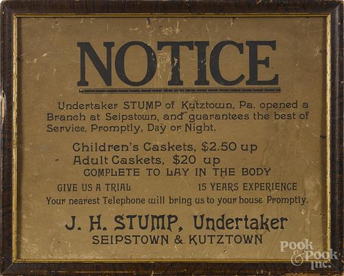 Printed Notice for J. H. Stump Undertaker Seipstown & Kutztown, 11'' x 13 1/2''.