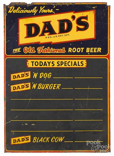 Painted tin menu sign for Dad's Root Beer, 27 1/2'' x 19 1/2''.
