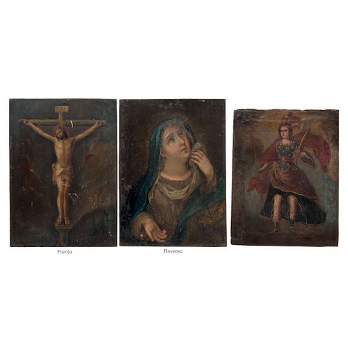 LOTE DE DOS IMÁGENES MÉXICO, SIGLO XIX 1.- Cristo crucificado/ Virgen dolorosa Óleo sobre lámina/tela Dim máx: 44 x 32 cm | LOT OF TWO IMAGES MEXICO, 